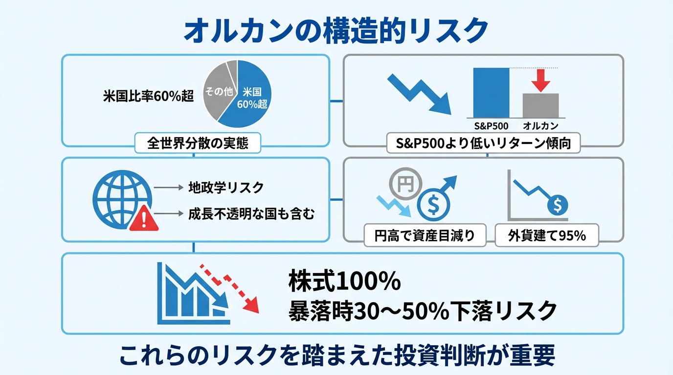 オルカン(eMAXIS Slim 全世界株式)の5つの構造的リスクを示す図解