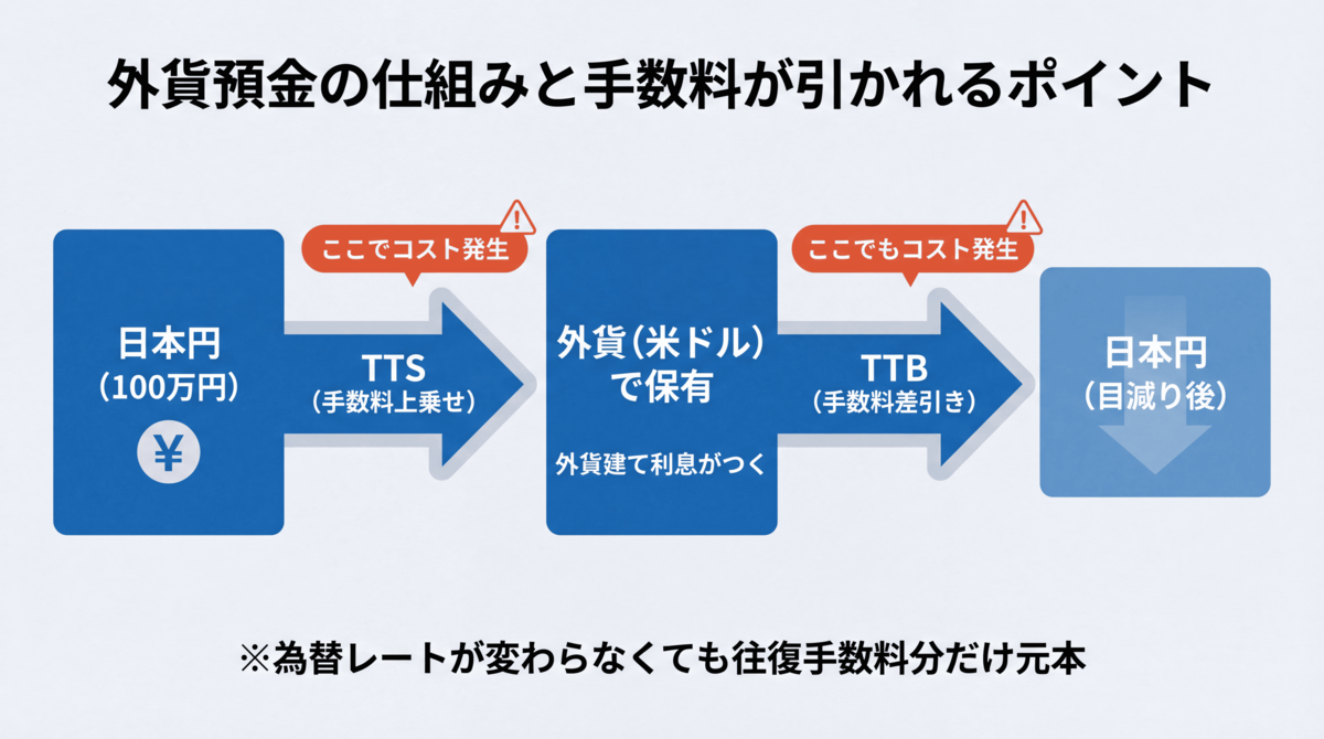 外貨預金の仕組みを示すフロー図。円から外貨への預入時にTTS手数料、外貨から円への引出時にTTB手数料が発生し、為替レートが変わらなくても往復手数料分だけ元本が目減りする構造を図解