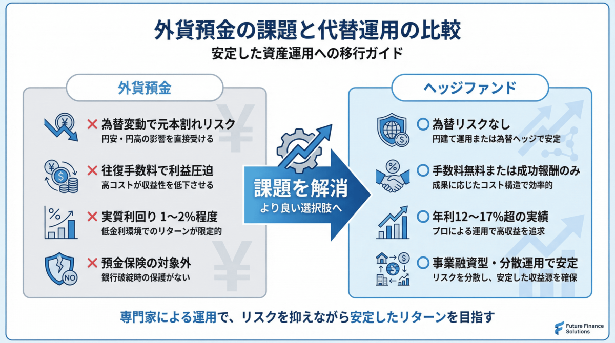 外貨預金とヘッジファンドの対比図。外貨預金の課題（為替変動リスク・往復手数料・実質利回り1〜2%・預金保険対象外）に対し、ヘッジファンドの強み（為替リスクなし・手数料無料または成功報酬・年利12〜17%超・安定運用）を左右で比較